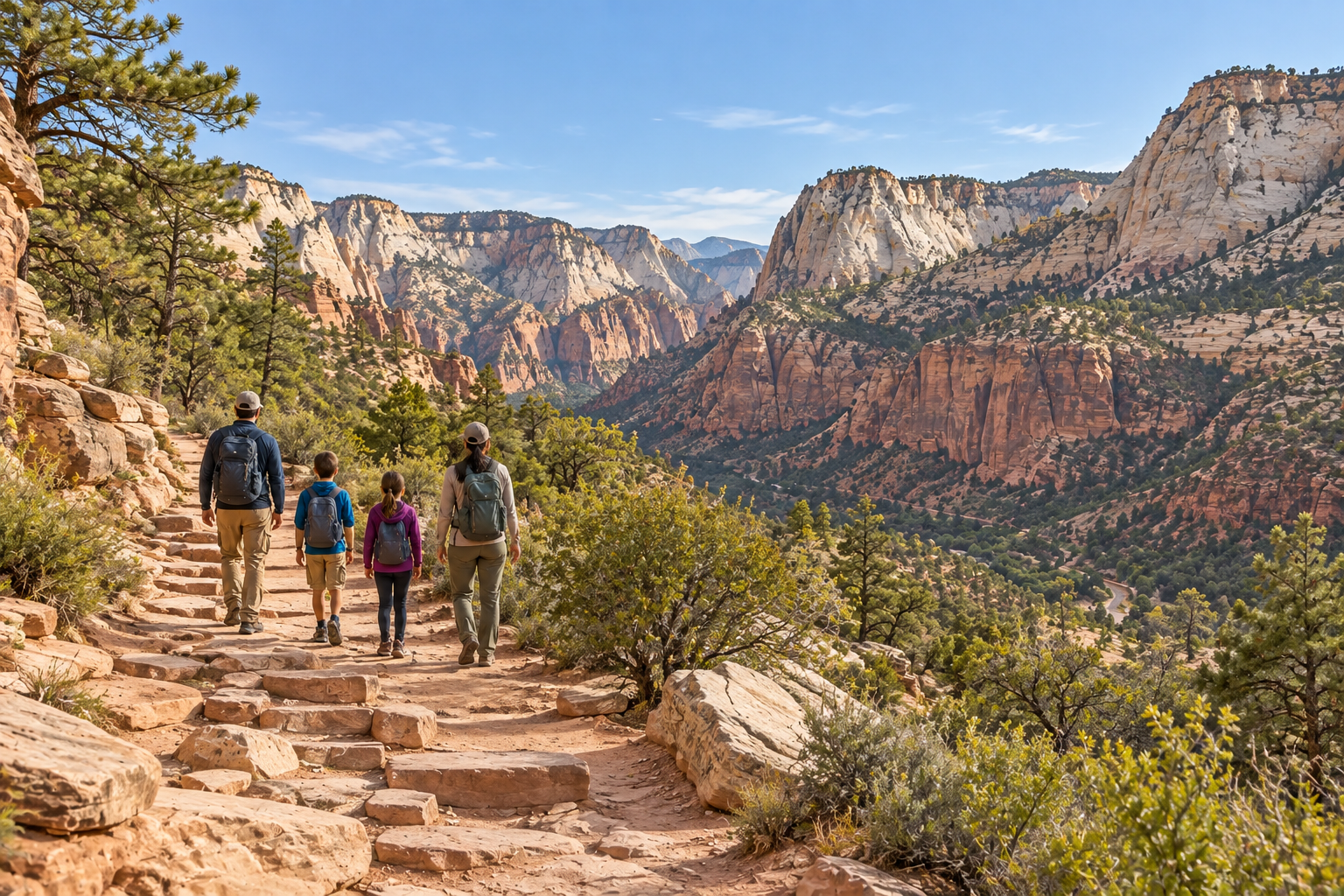 Family walking on uneven sandstone terrain in East Zion