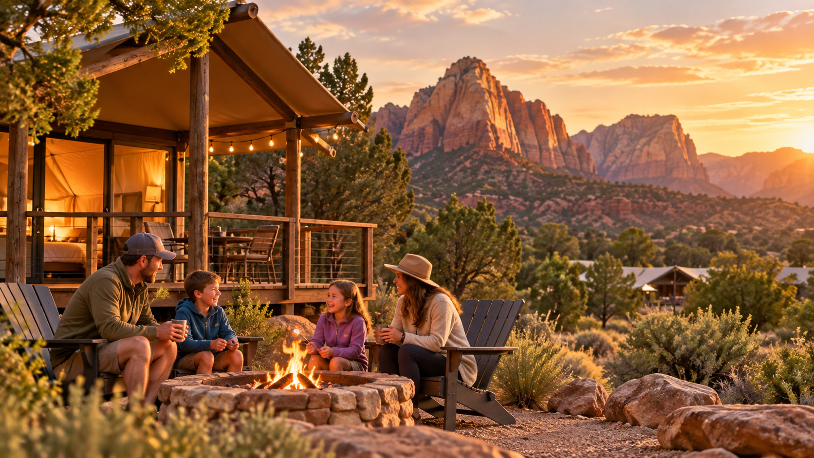 Family relaxing around a campfire at a generic Zion-area glamping stay
