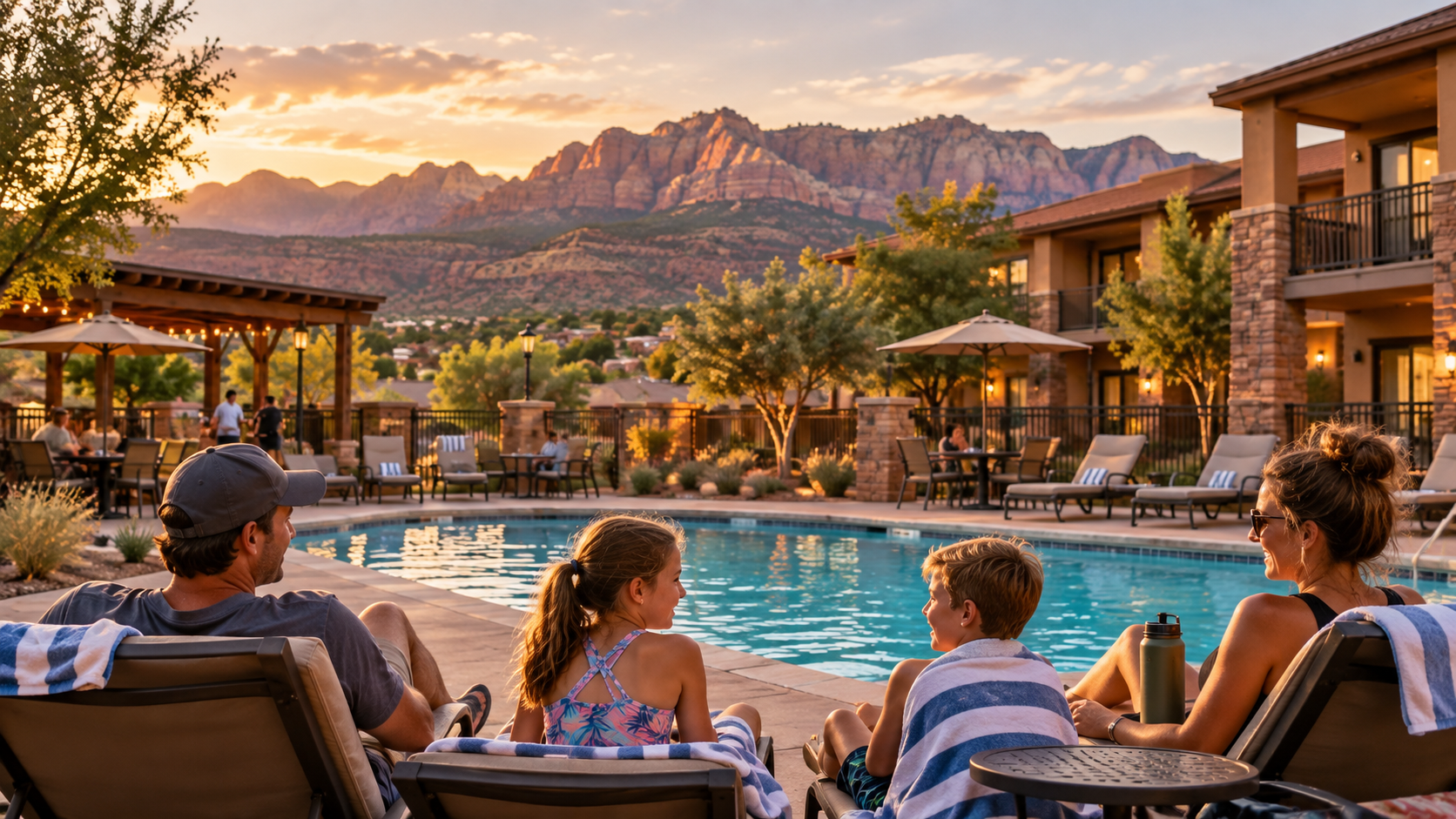 Family relaxing beside a resort pool during a Zion-area stay