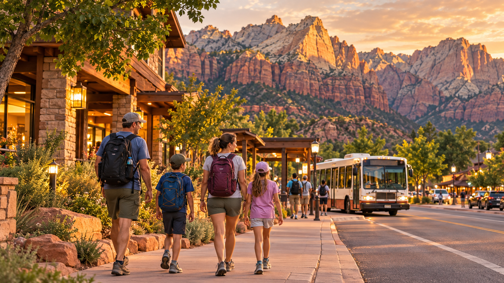 Family walking from a Springdale lodging area toward a shuttle stop